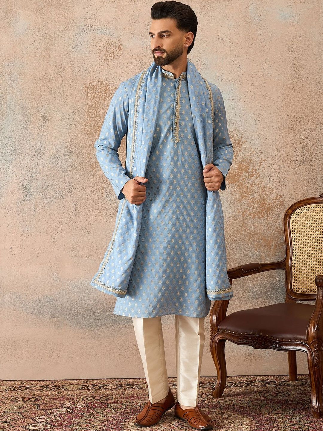 House of Pataudi Men Jacquard Chanderi Silk Kurta-picture-29