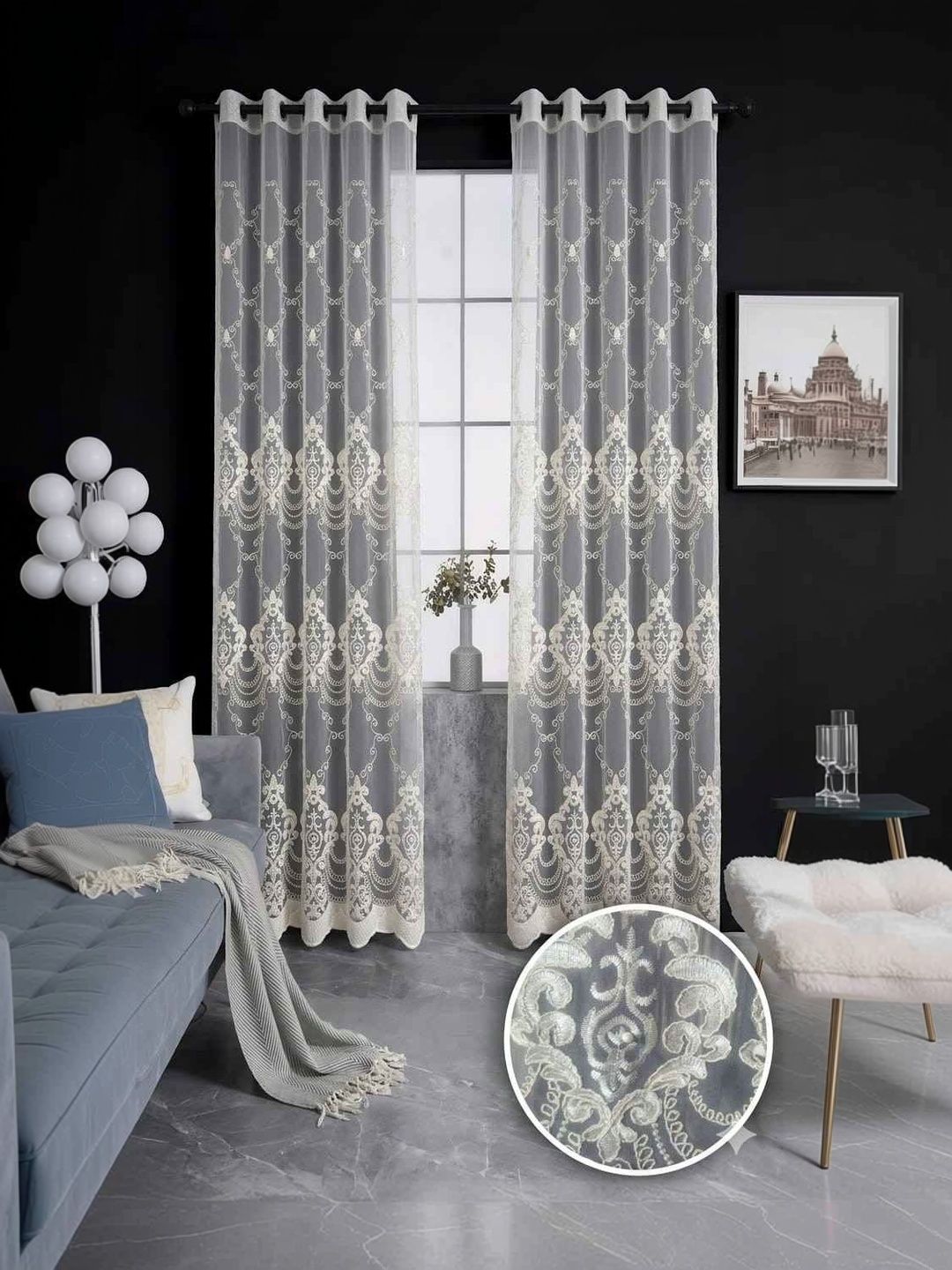 RAINBOW FURNISHINGS Cream-Coloured Set of 4 Embroidered Sheer Long Door Curtain-picture-33