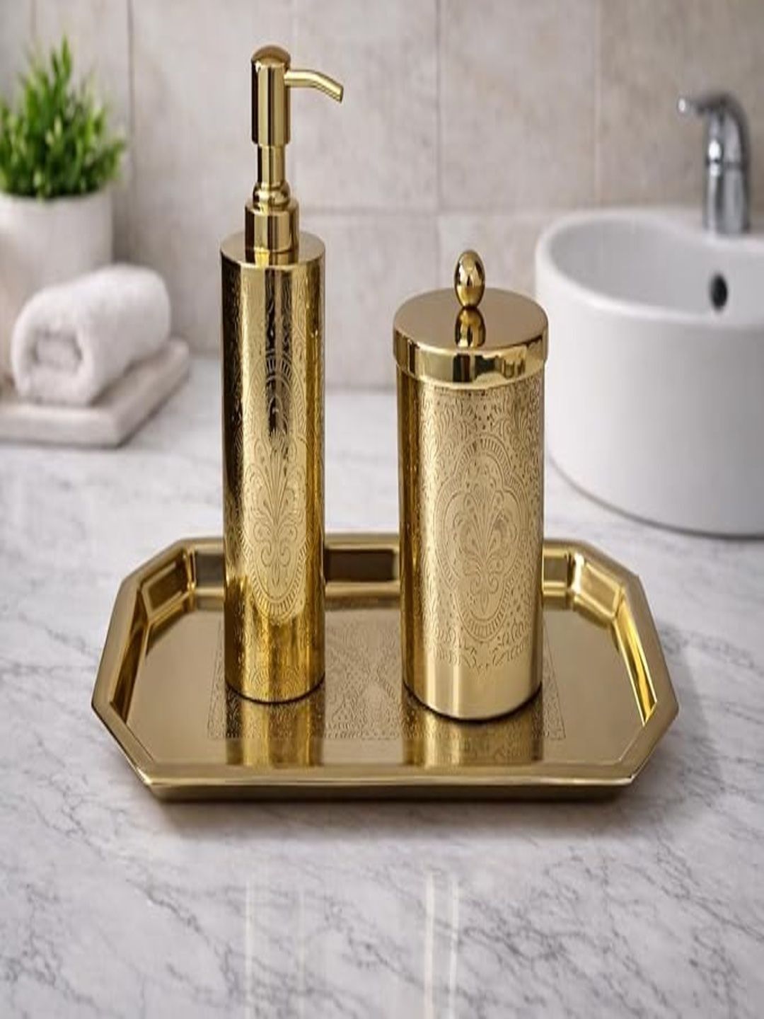GRD INTERNATIONAL Gold-Toned & Gold-Toned 3 piece Textured Stainless Steel Bath Accessories Set-picture-58