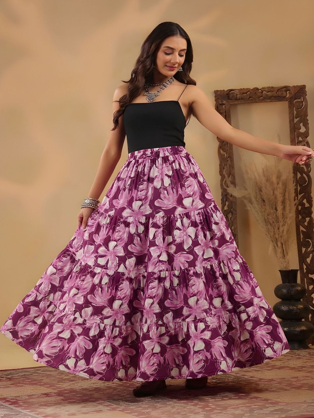 HARAYE Women Pure Cotton Cotton Cambric Floral Maxi Tiered Skirt-picture-40