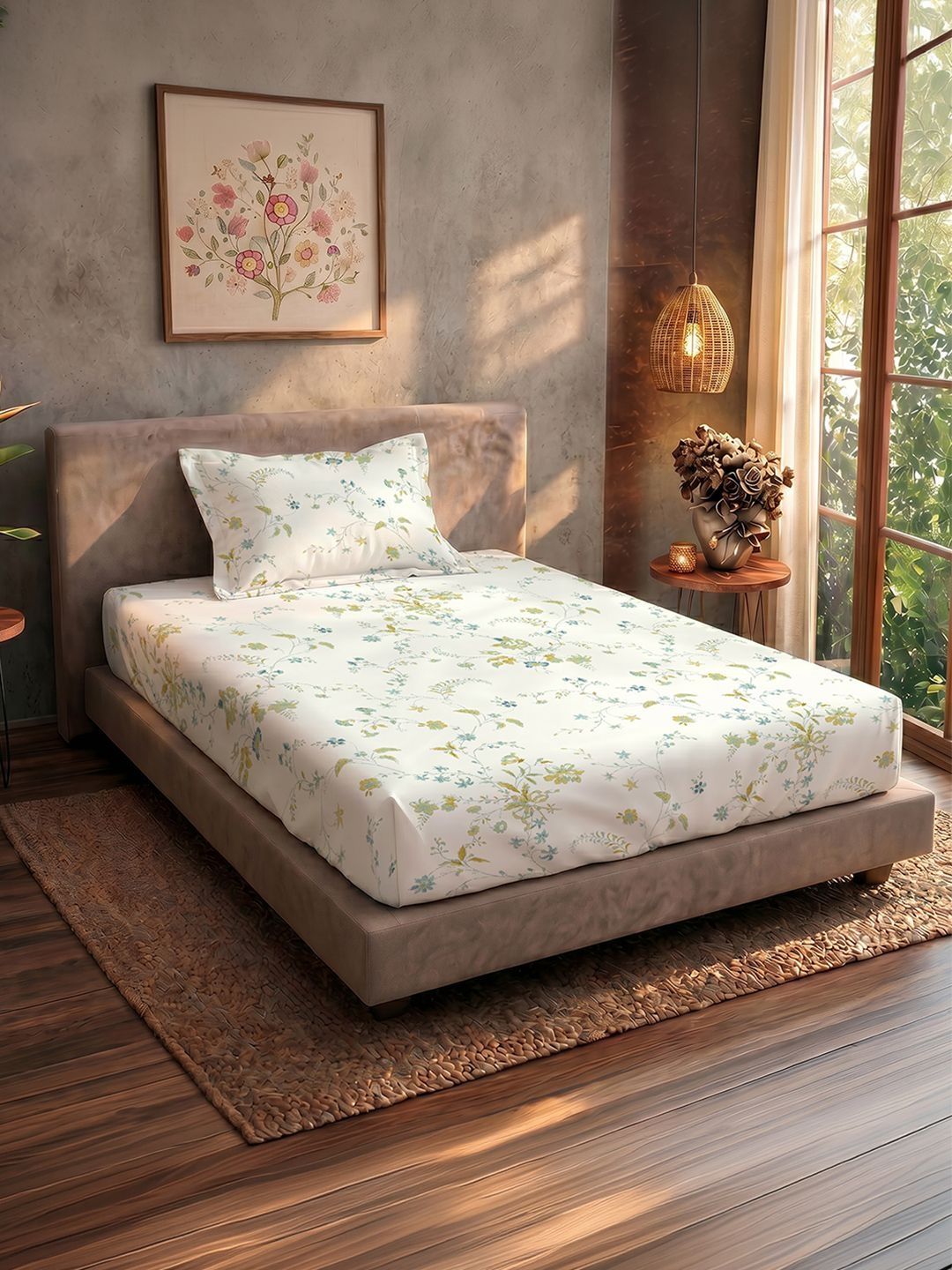 URBAN SPACE Mustard & White Floral 200 TC Single Bedsheet with 1 Pillow Covers-image-30