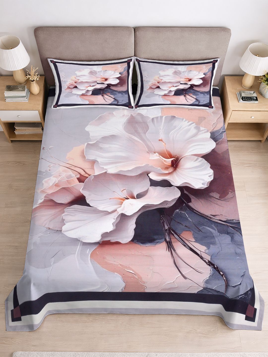 Myntra Elegant Homes White Floral Digital Print King Flat Bedsheet With 2 Pillow Covers