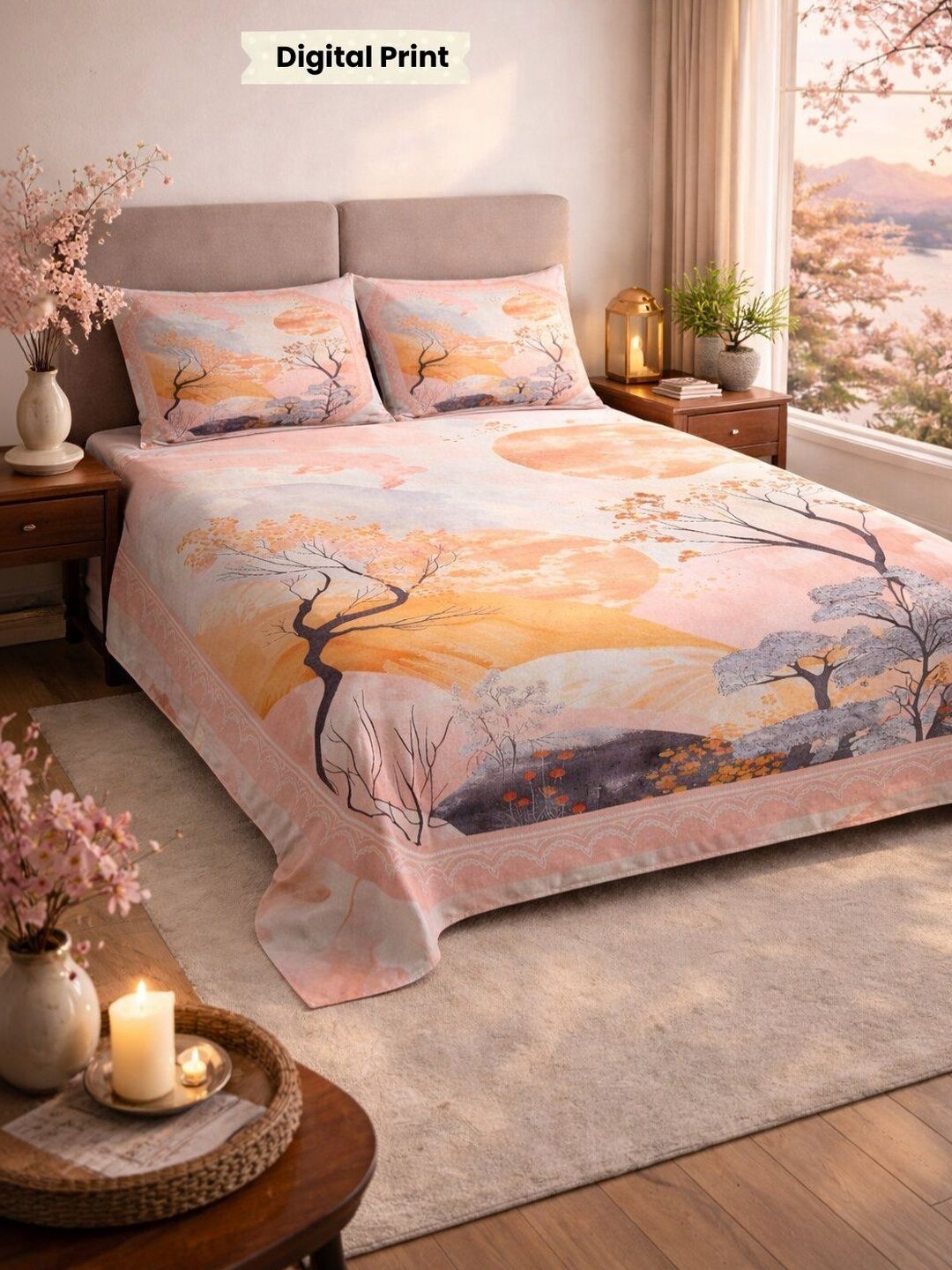 Myntra Elegant Homes Pink Nature Digital Print King Flat Bedsheet With 2 Pillow Covers