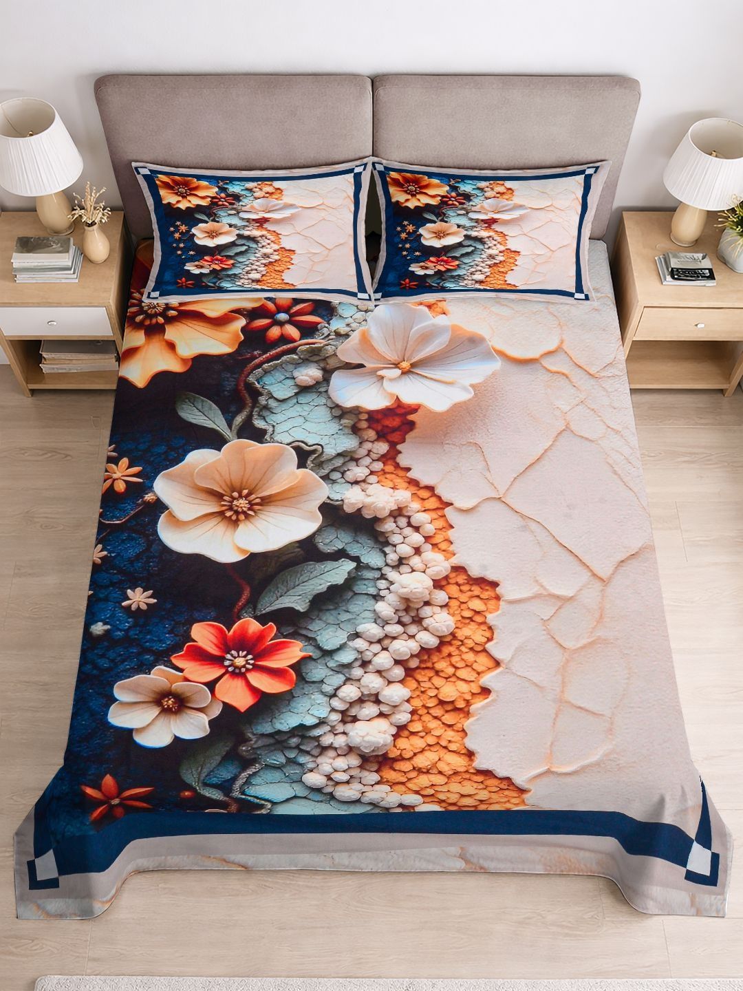 Myntra Elegant Homes Teal Floral Digital Print King Flat Bedsheet With 2 Pillow Covers