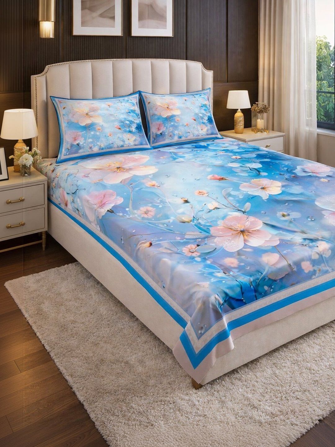Myntra Elegant Homes Skyblue Floral Digital Print King Flat Bedsheet With 2 Pillow Covers