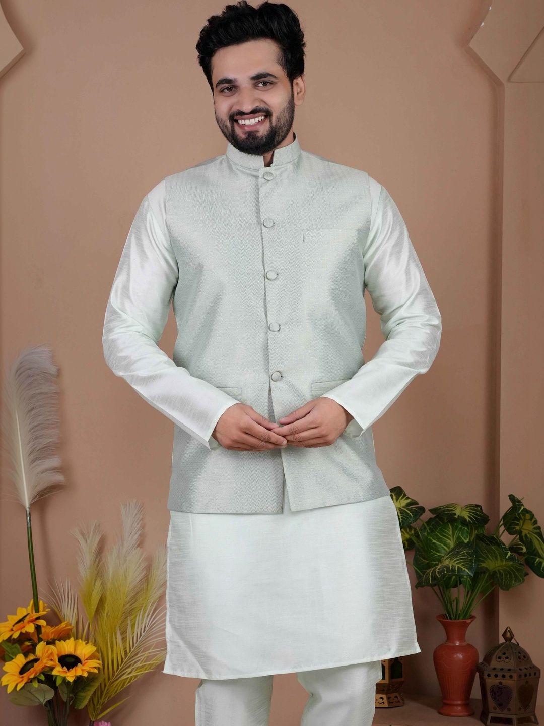 MODERN MUGHALS Woven Design Mandarin Collar Nehru Jackets-picture-32