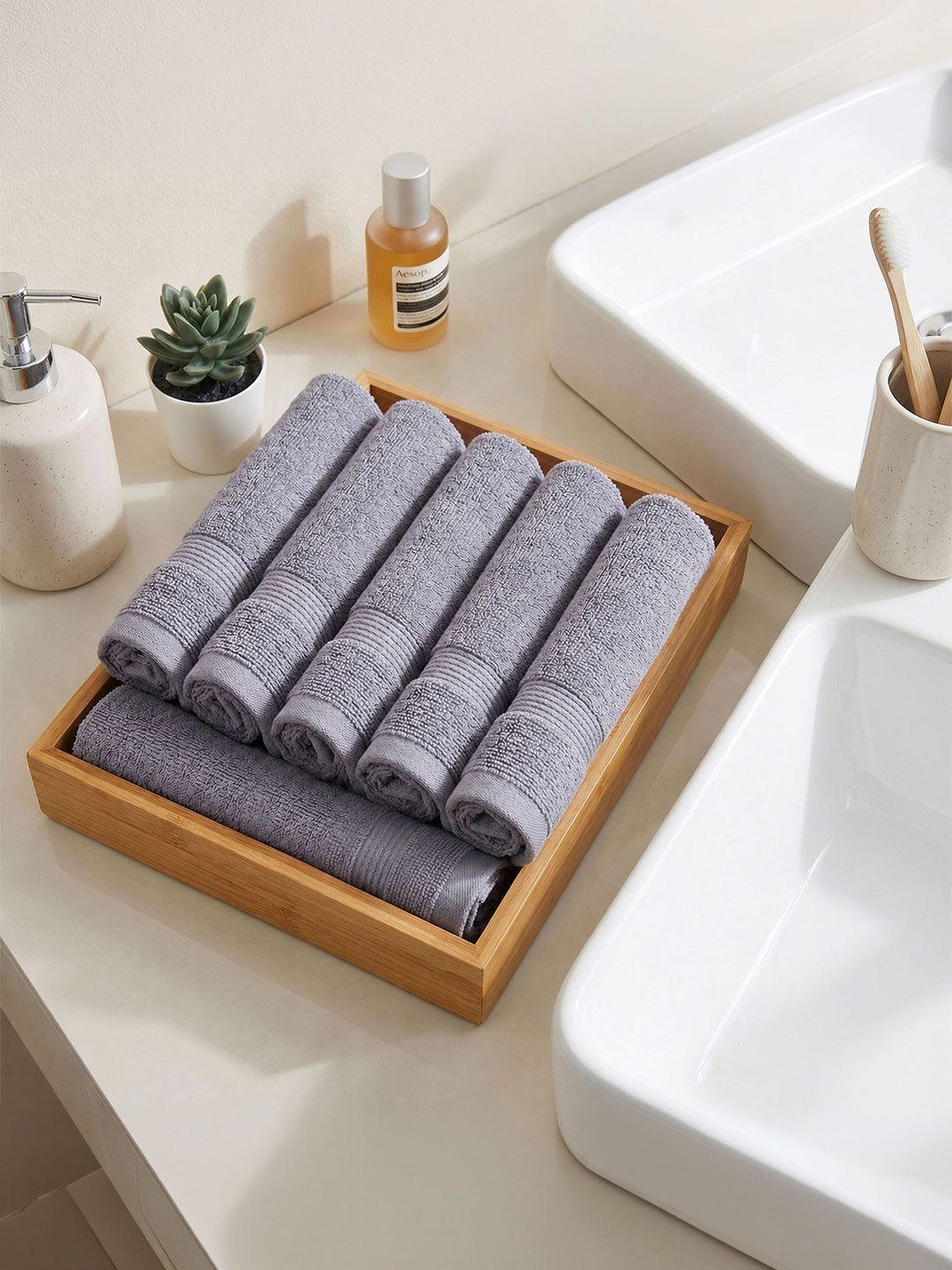 MYTRIDENT Set Of 6 Charcoal-Grey 450 GSM Pure Cotton Face Towels-image-37