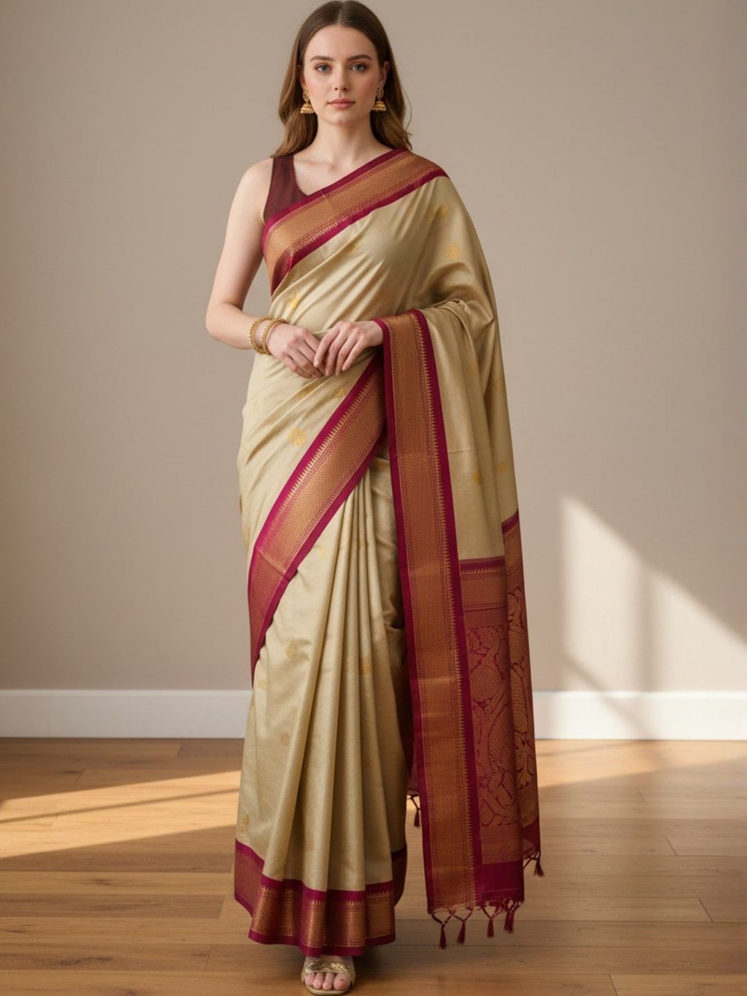 Anouk Rustic Ethnic Motifs Zari Pure Cotton Kanjeevaram Saree-picture-48