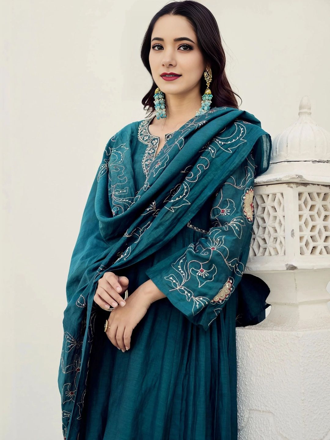 HERE&NOW Women Ethnic Motifs Embroidered Regular Thread Work Kurta with Palazzos & With Dupatta-picture-17