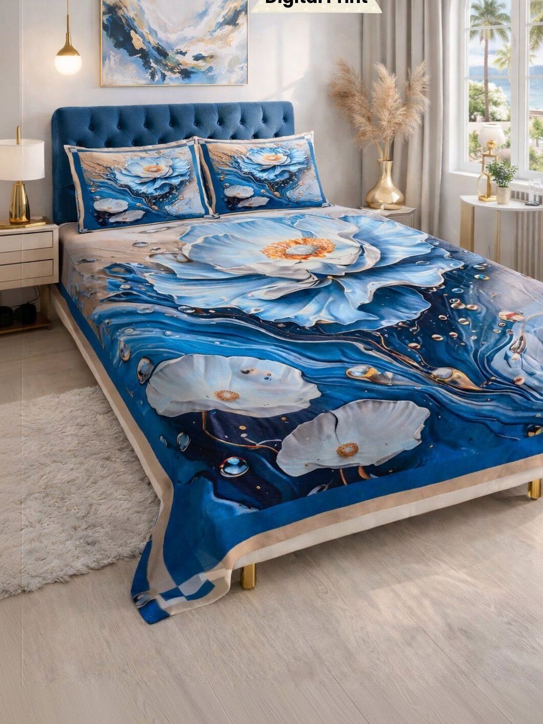Myntra Elegant Homes Blue Floral Digital Print King Flat Bedsheet With 2 Pillow Covers
