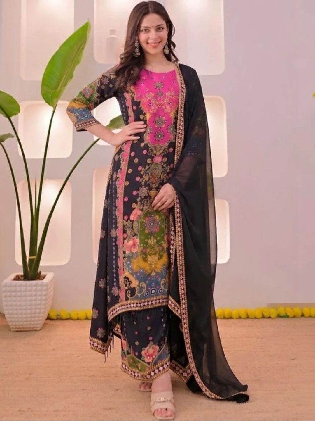 Julry Shulry Women Ethnic Motifs Printed Regular Mirror Work Chanderi Silk Kurta with Palazzos & With Dupatta-picture-15