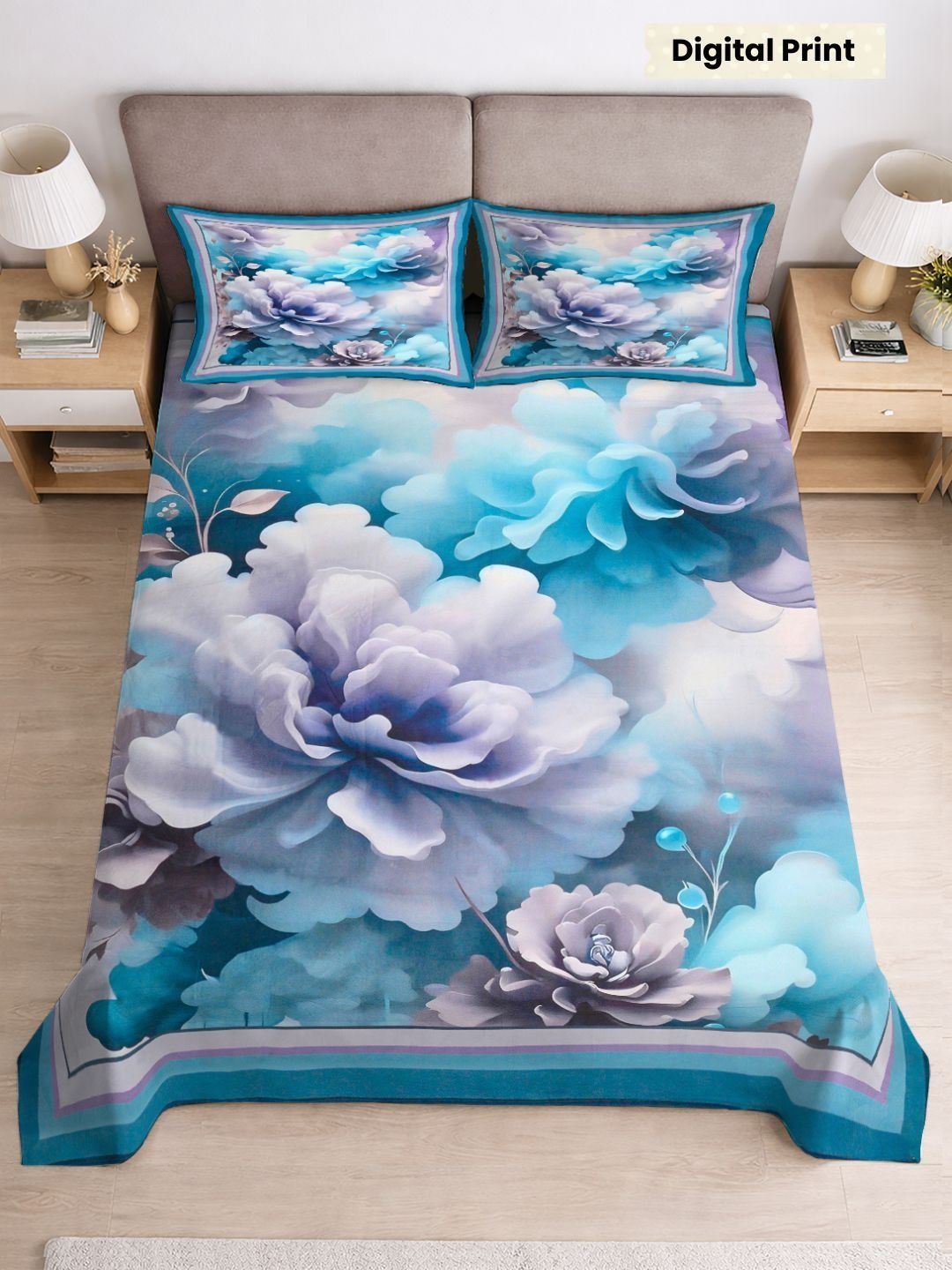 Myntra Elegant Homes Blue Floral Digital Print King Flat Bedsheet With 2 Pillow Covers