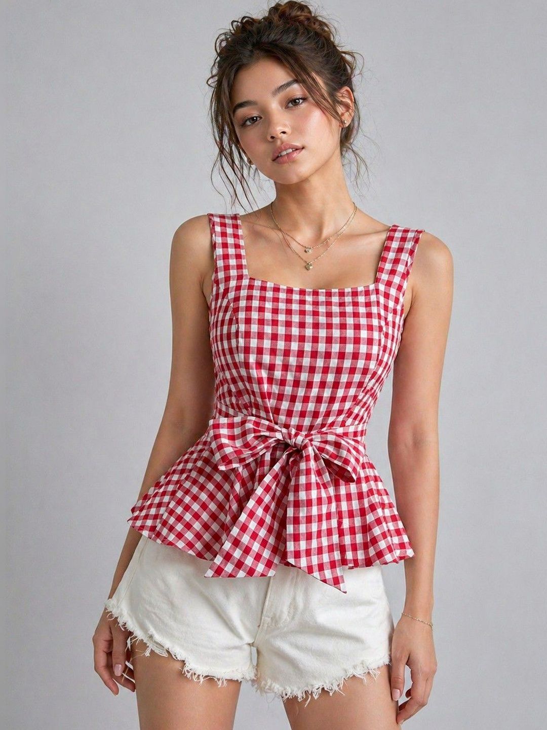 Suo Checked Peplum Top-picture-53