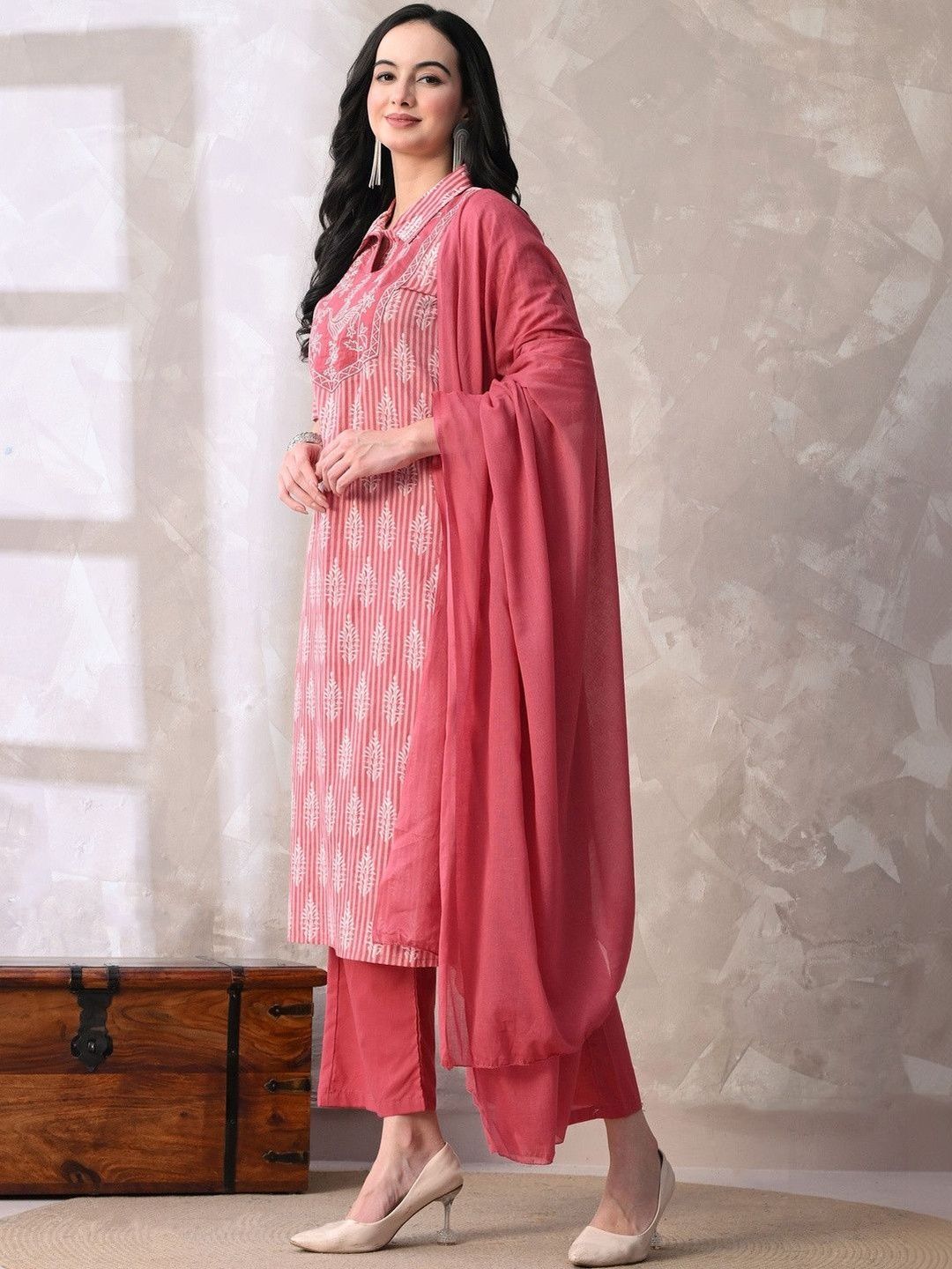 Anouk Women Ethnic Motifs Printed Regular Thread Work Pure Cotton Kurta with Palazzos & With Dupatta-image-9