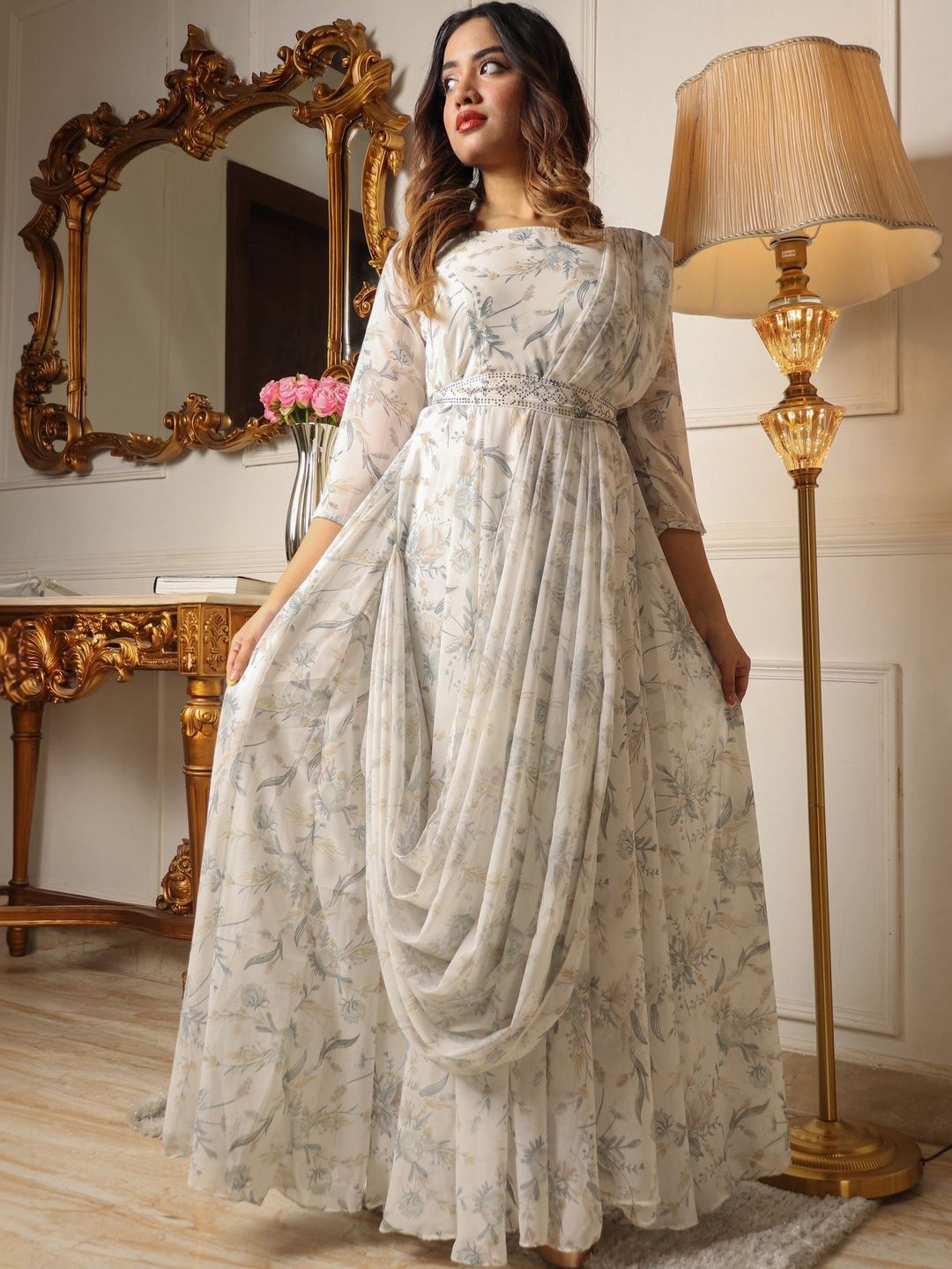 Sangria Floral Print Anarkali Gown With Attached Dupatta-picture-10