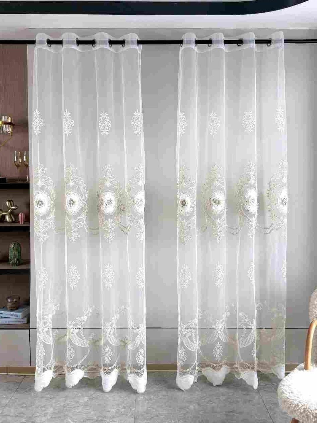 RAINBOW FURNISHINGS White Set of 4 Embroidered Sheer Door Curtain-image-36