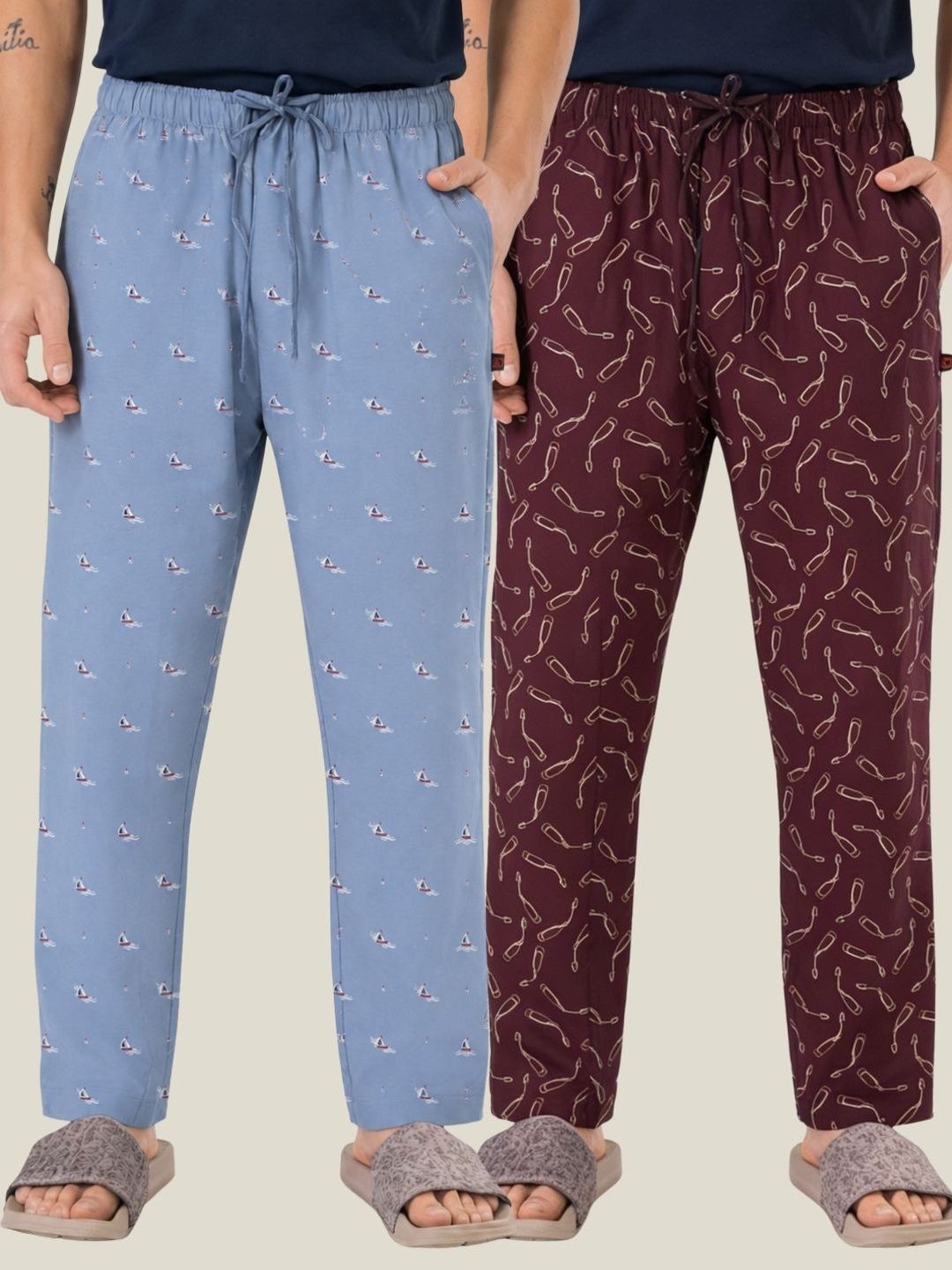 Boxy Crew Pack Of 2 Printed Pure Cotton Straight Lounge Pants-image-45