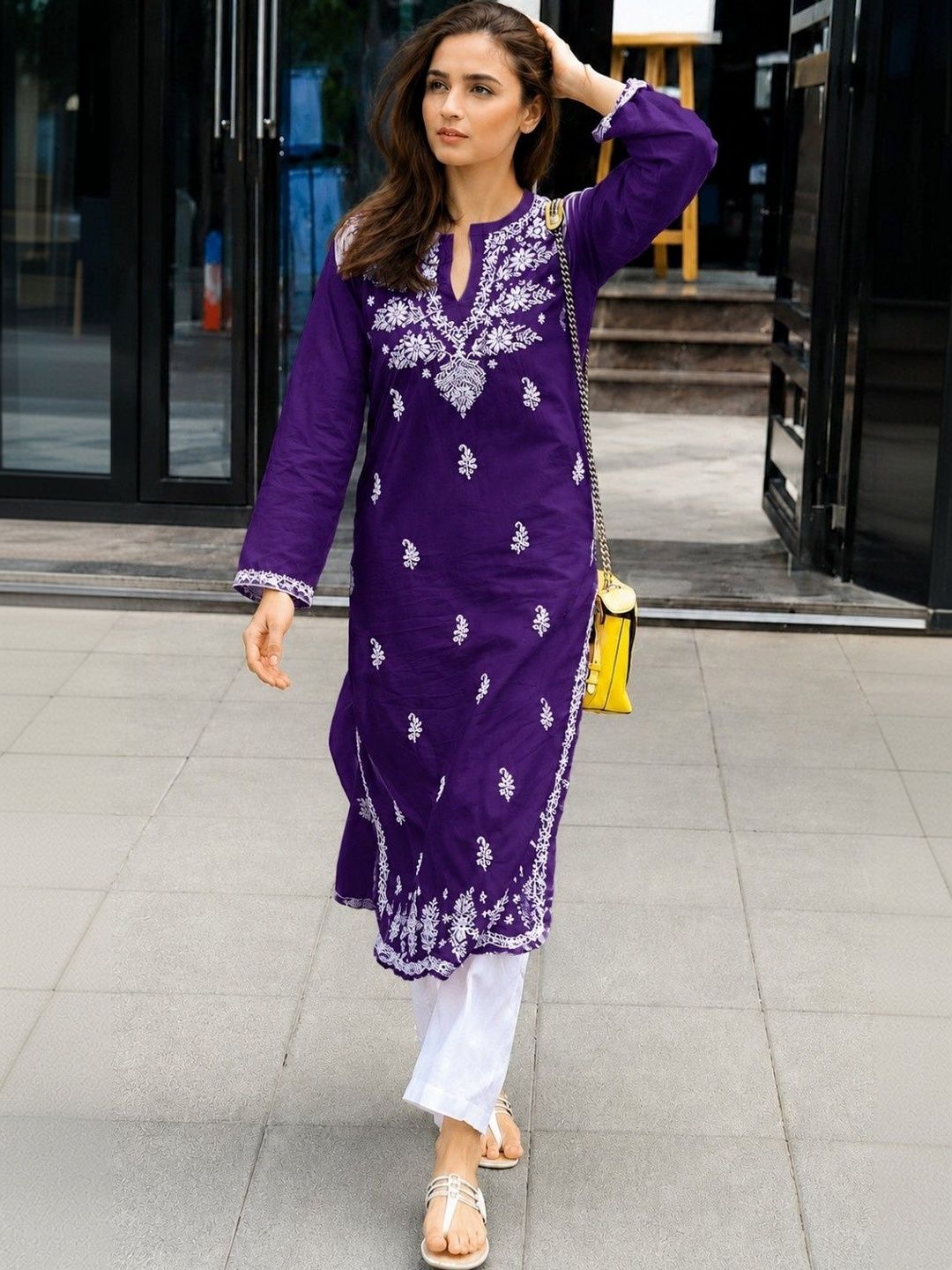 Moda Rapido Ethnic Motifs Embroidered V-Neck Chikankari Chikankari Kurti-picture-32