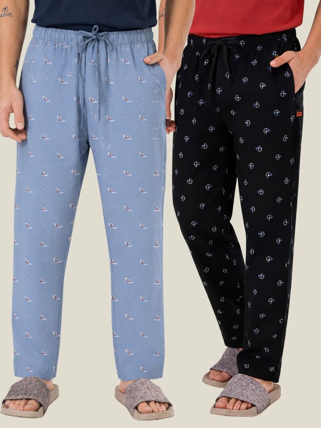 Boxy Crew Pack Of 2 Printed Pure Cotton Straight Lounge Pants-image-42