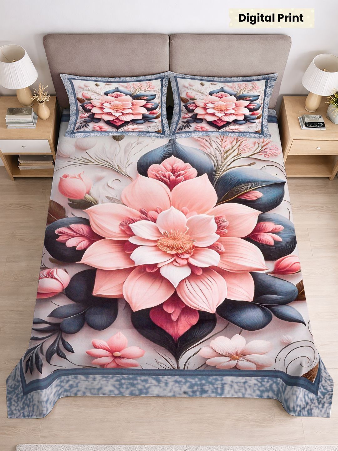 Myntra Elegant Homes Peach Floral Digital Print King Flat Bedsheet With 2 Pillow Covers