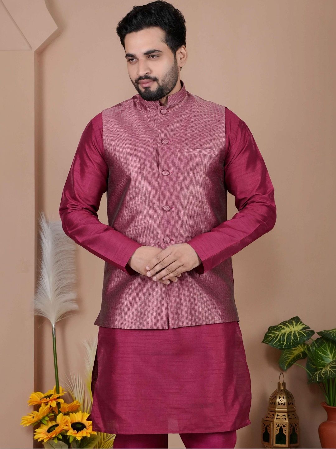 MODERN MUGHALS Woven Design Mandarin Collar Nehru Jackets-picture-30