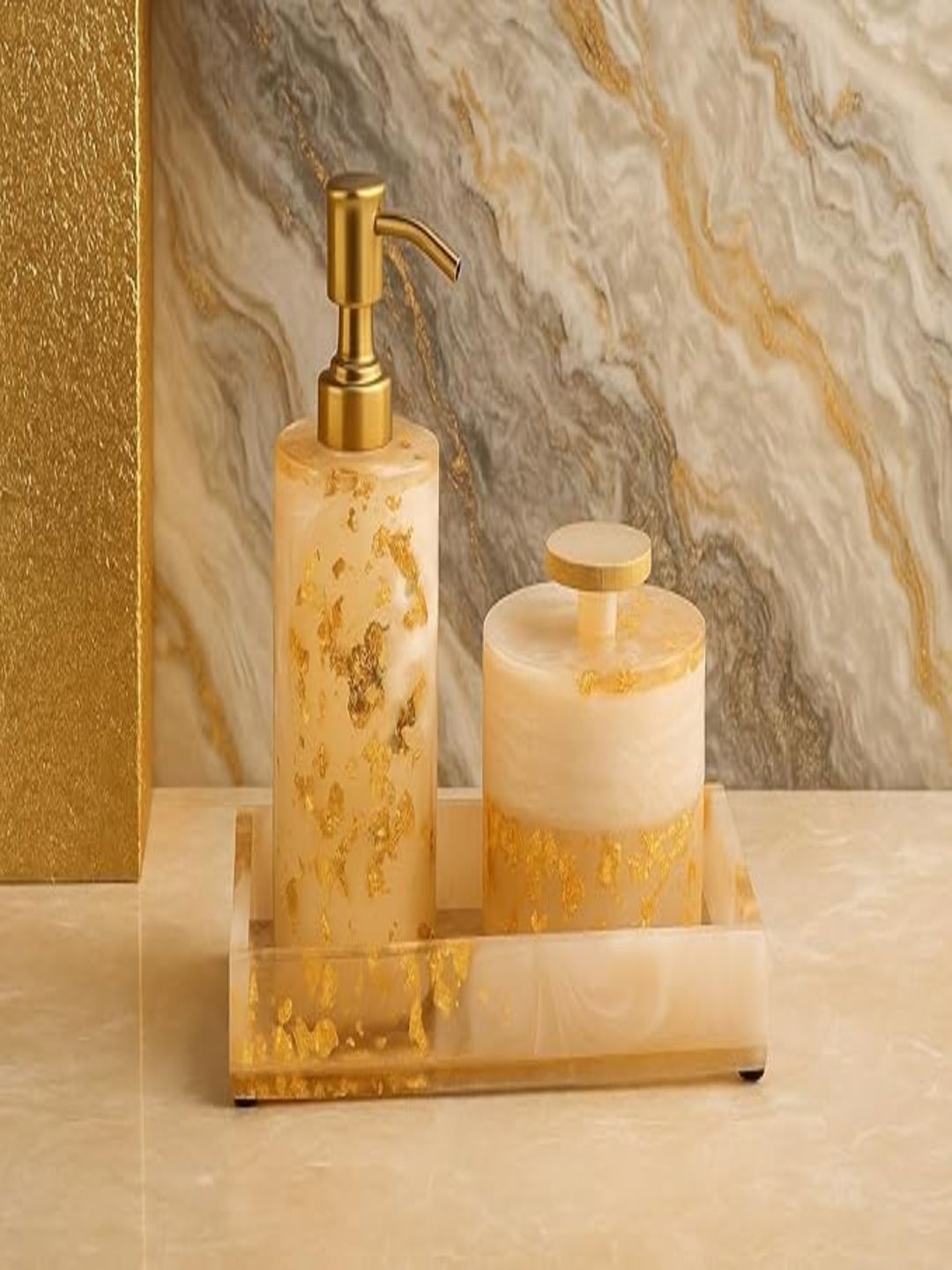GRD INTERNATIONAL Gold-Toned & Cream-Coloured 3 piece Textured Resin Bath Accessories Set-picture-16