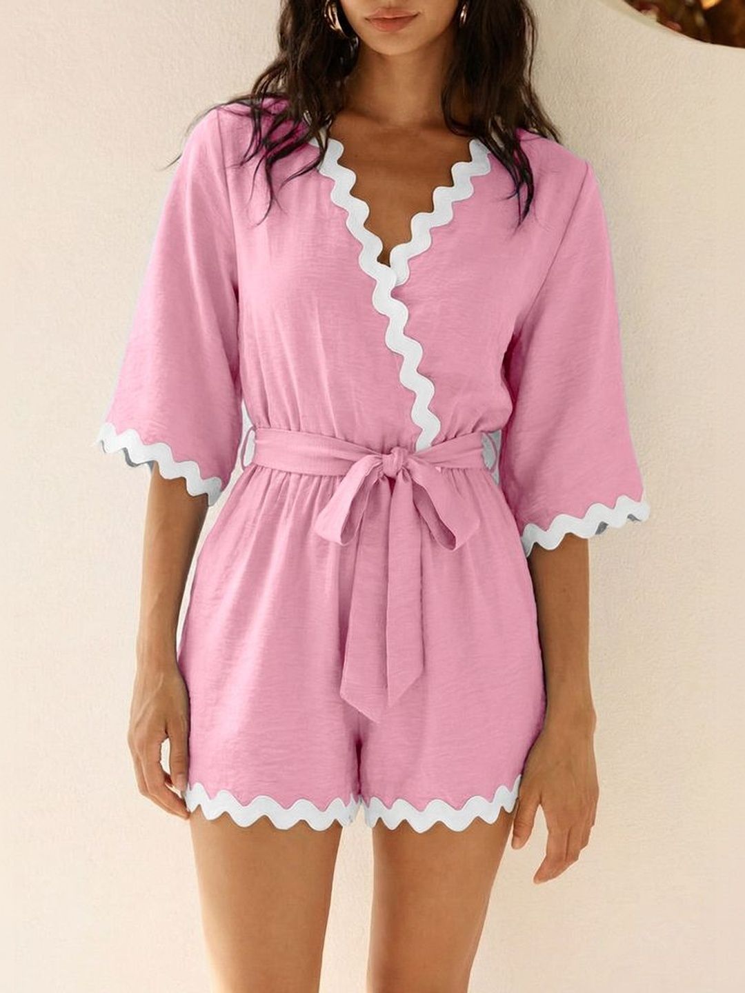LULU & SKY Scalloped V-Neck Tie-Waist Playsuit-picture-41