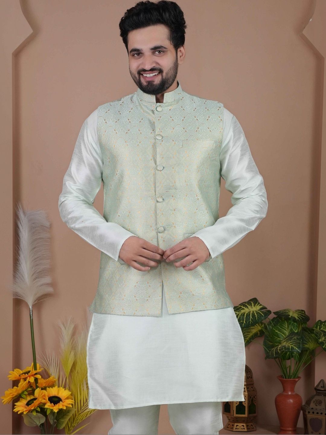 MODERN MUGHALS Woven Design Mandarin Collar Nehru Jackets-picture-31