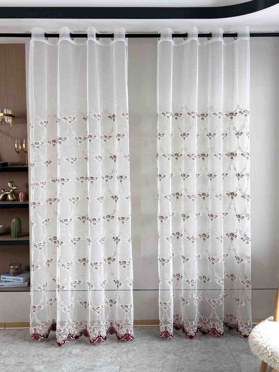 RAINBOW FURNISHINGS Maroon Set of 4 Floral Sheer Long Door Curtain-image-10