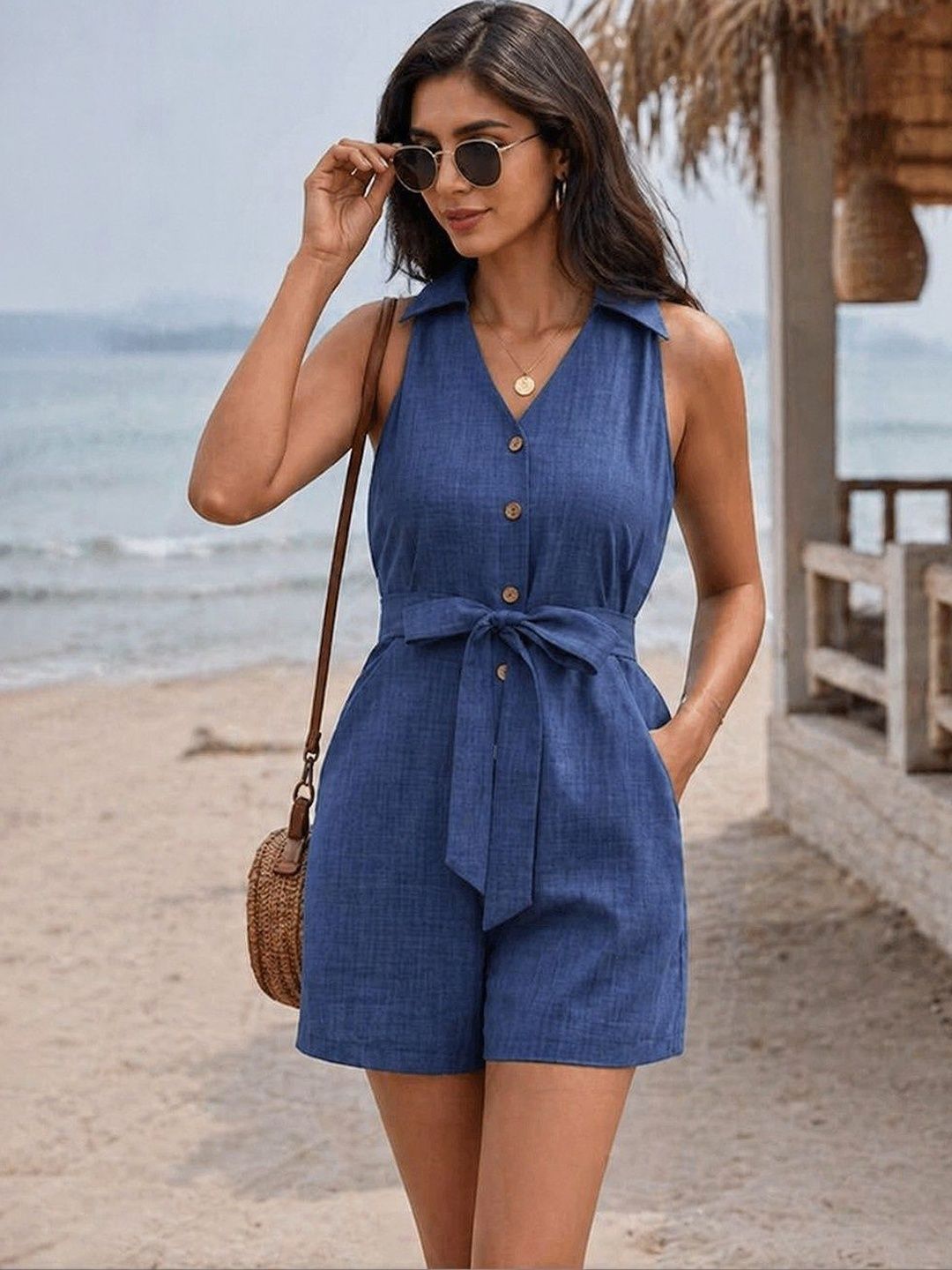 Elchic Denim Look V-Neck Buttoned Playsuit-picture-29