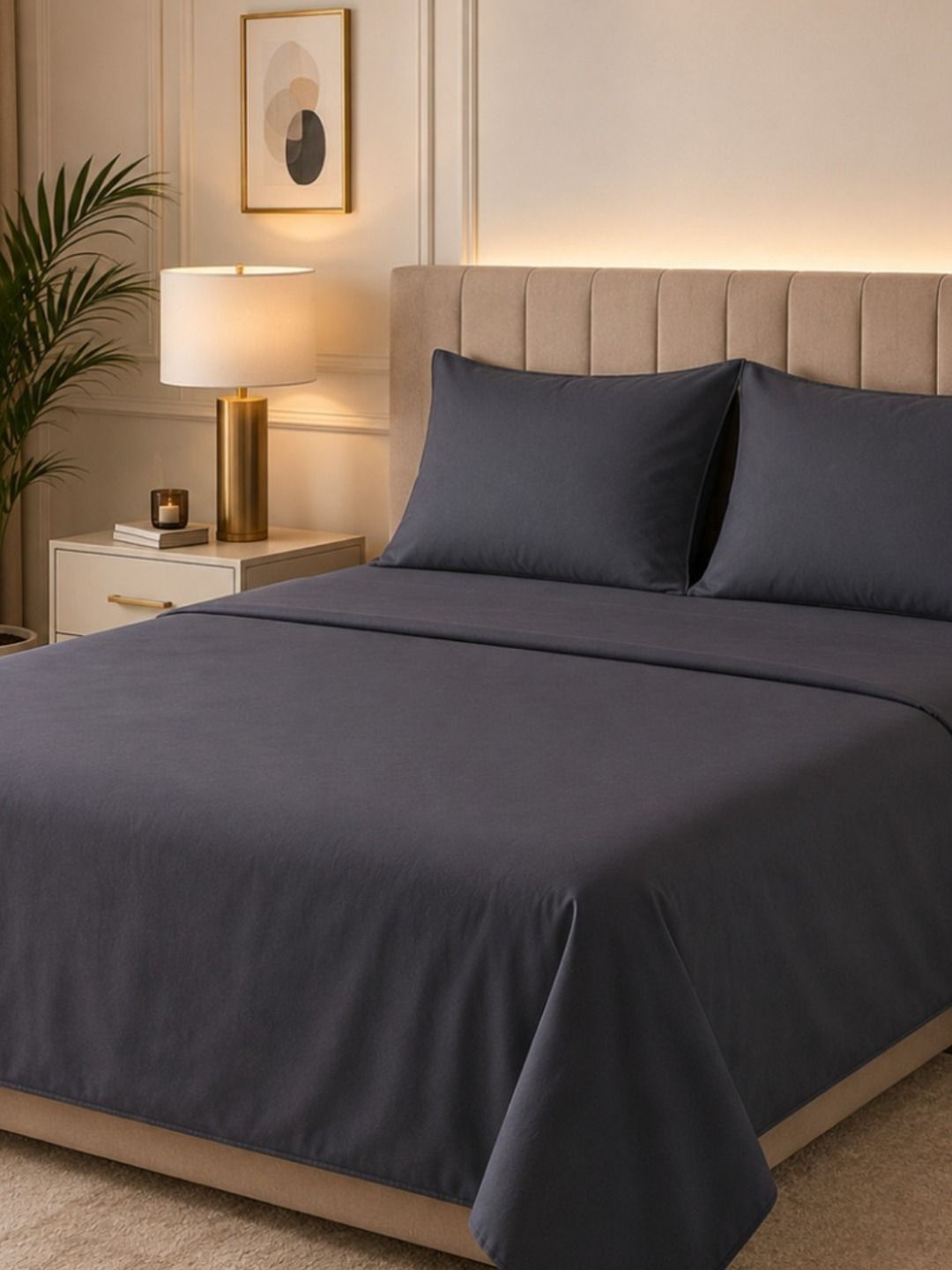 EverHOME Grey Solid Cotton 3 Piece Double King Superfine Bedding Set-image-34