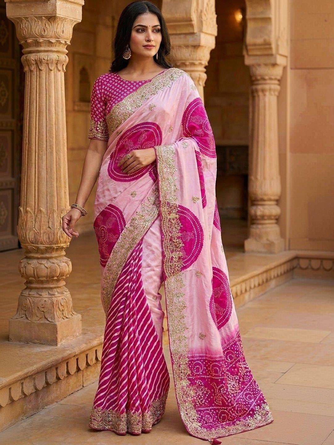 KALINI Bandhani Embroidered Silk Blend Heavy Work Saree-picture-25