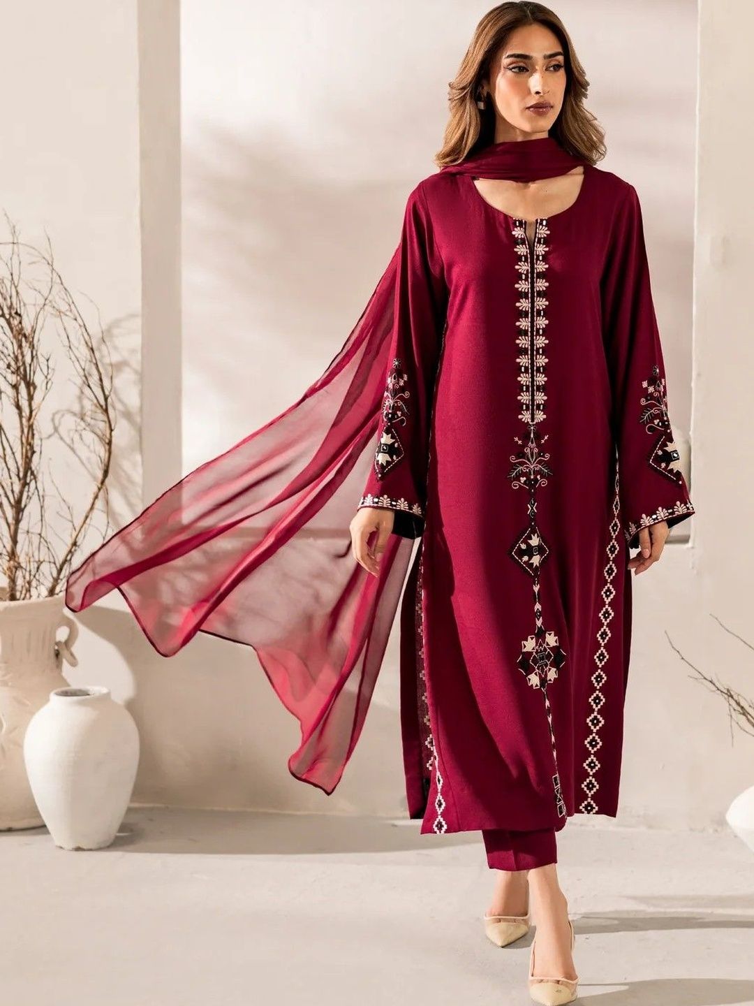 Growdamy Women Embroidered Regular Thread Work Chanderi Silk Kurta with Trousers & With Dupatta-picture-56
