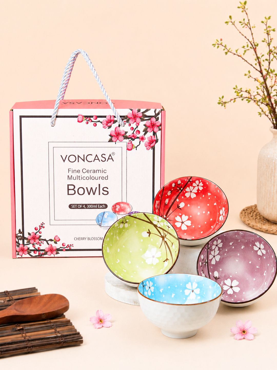 MARKET99 Multicoloured 4 Piece Floral Ceramic Bowl Set 300 ml Each-image-18