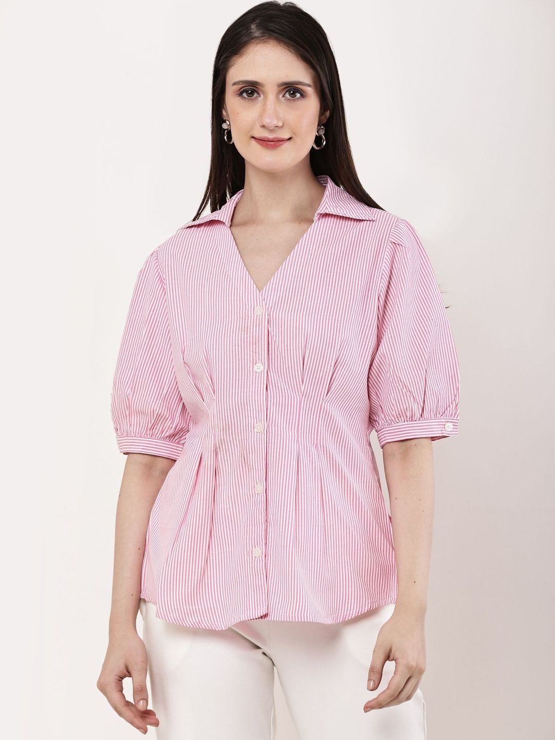 Jivitha Women Pink Cotton Puff Sleeves Stripe Shirt-picture-20