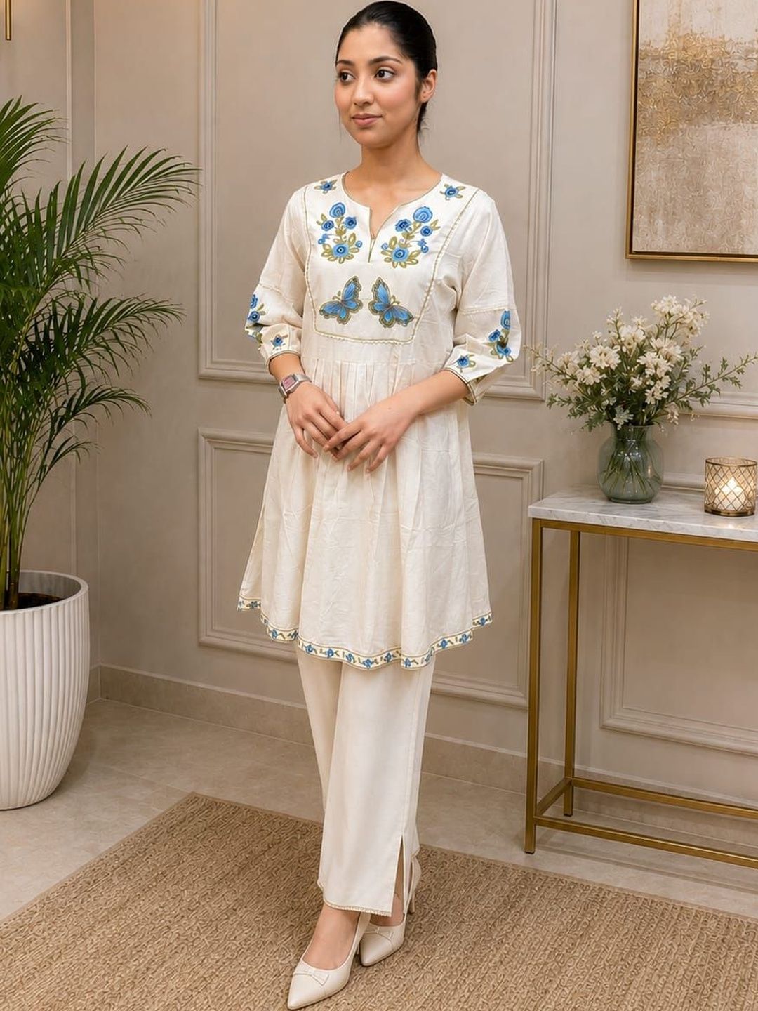 Fashiyano Embroidered Thread Work Pure Cotton Blend Handloom Thread Work Angrakha Kurti-picture-45