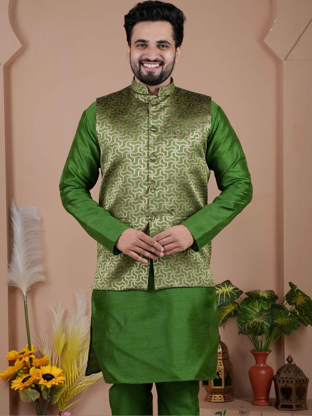MODERN MUGHALS Woven Design Mandarin Collar Nehru Jackets-picture-37