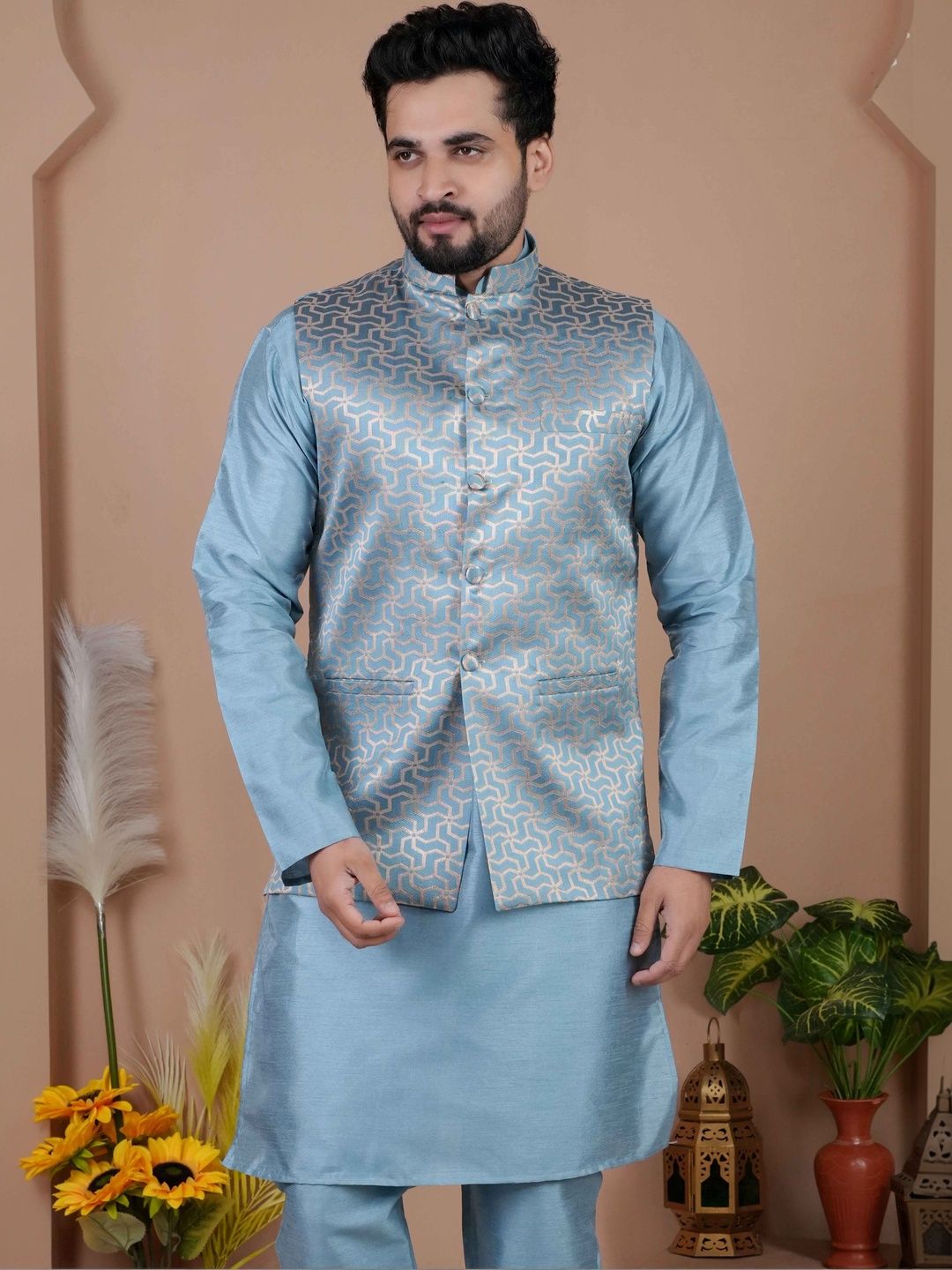 MODERN MUGHALS Woven Design Mandarin Collar Nehru Jackets-picture-42