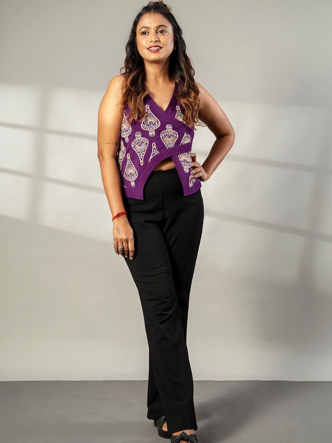 SSWAI Print Ethnic Pure Silk Wrap Crop Top-image-26