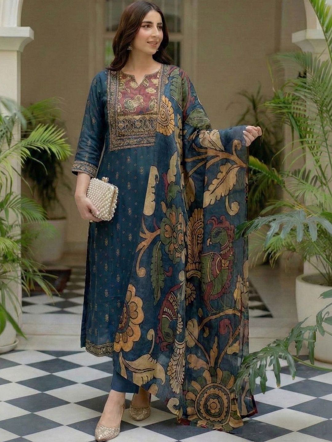 GoSriKi Women Ethnic Motifs Printed Regular Thread Work Kurta with Trousers & With Dupatta-picture-12