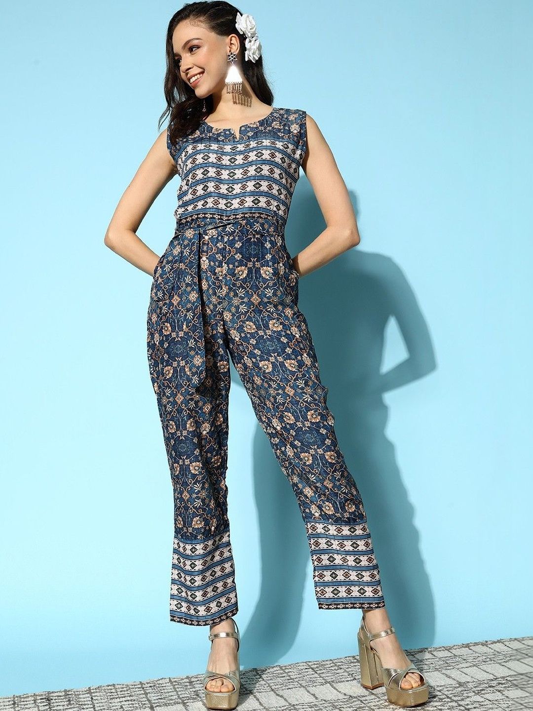 KALINI Linen Printed Basic Jumpsuit-picture-12