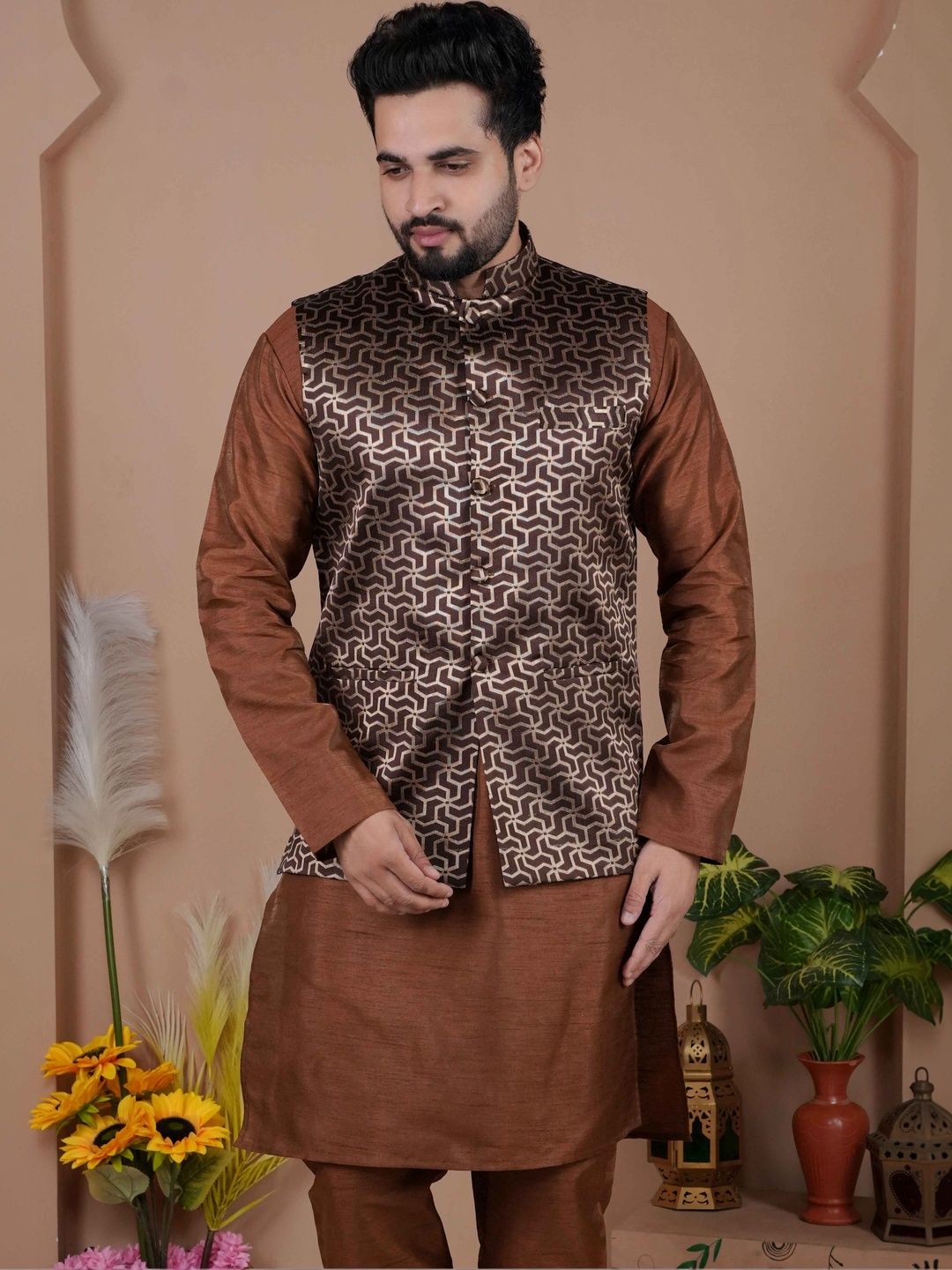MODERN MUGHALS Woven Design Mandarin Collar Nehru Jackets-picture-36
