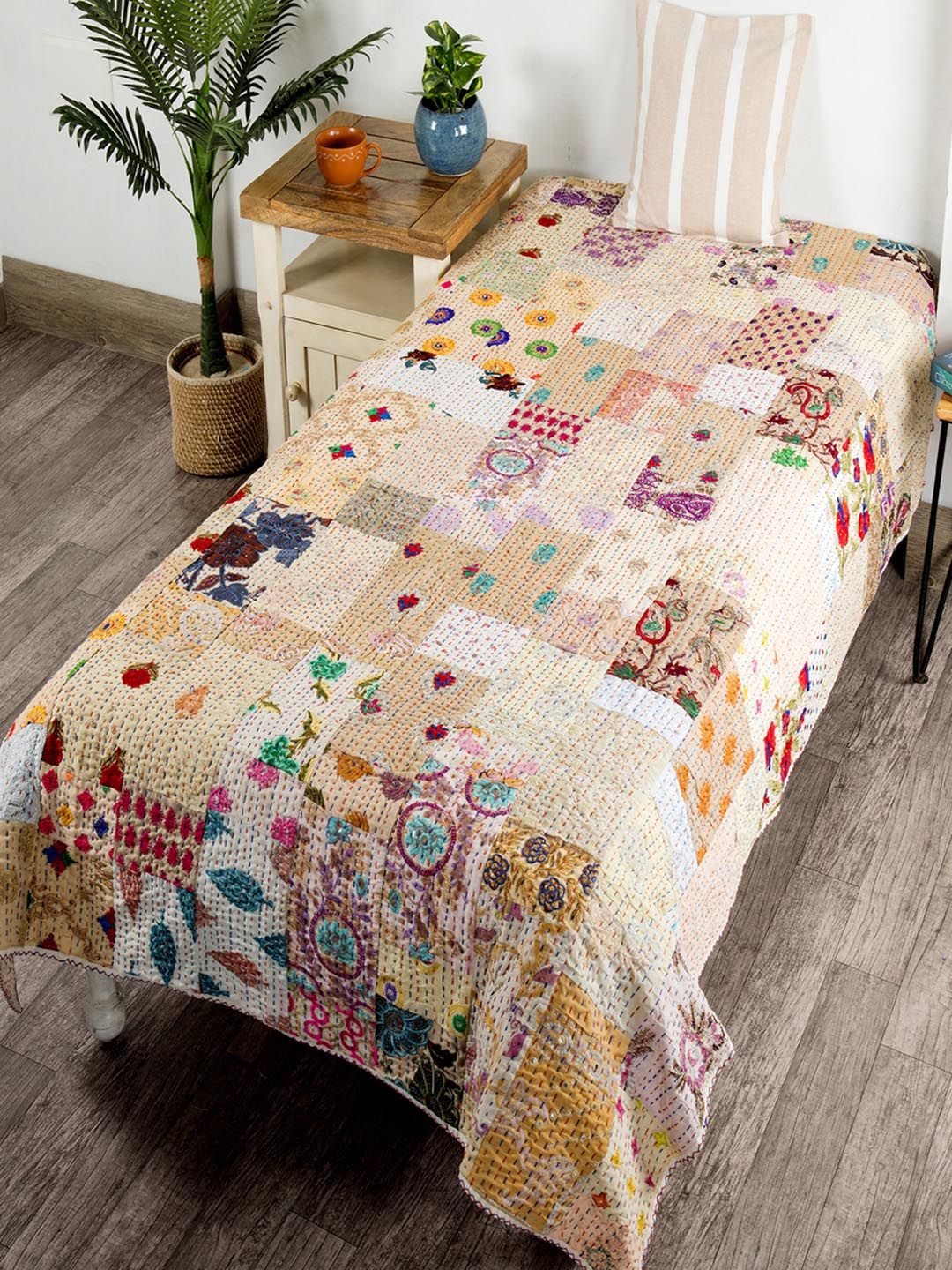 HANDICRAFT PALACE Beige Kantha Embroidered Patchwork Cotton Single Bed Cover-picture-10