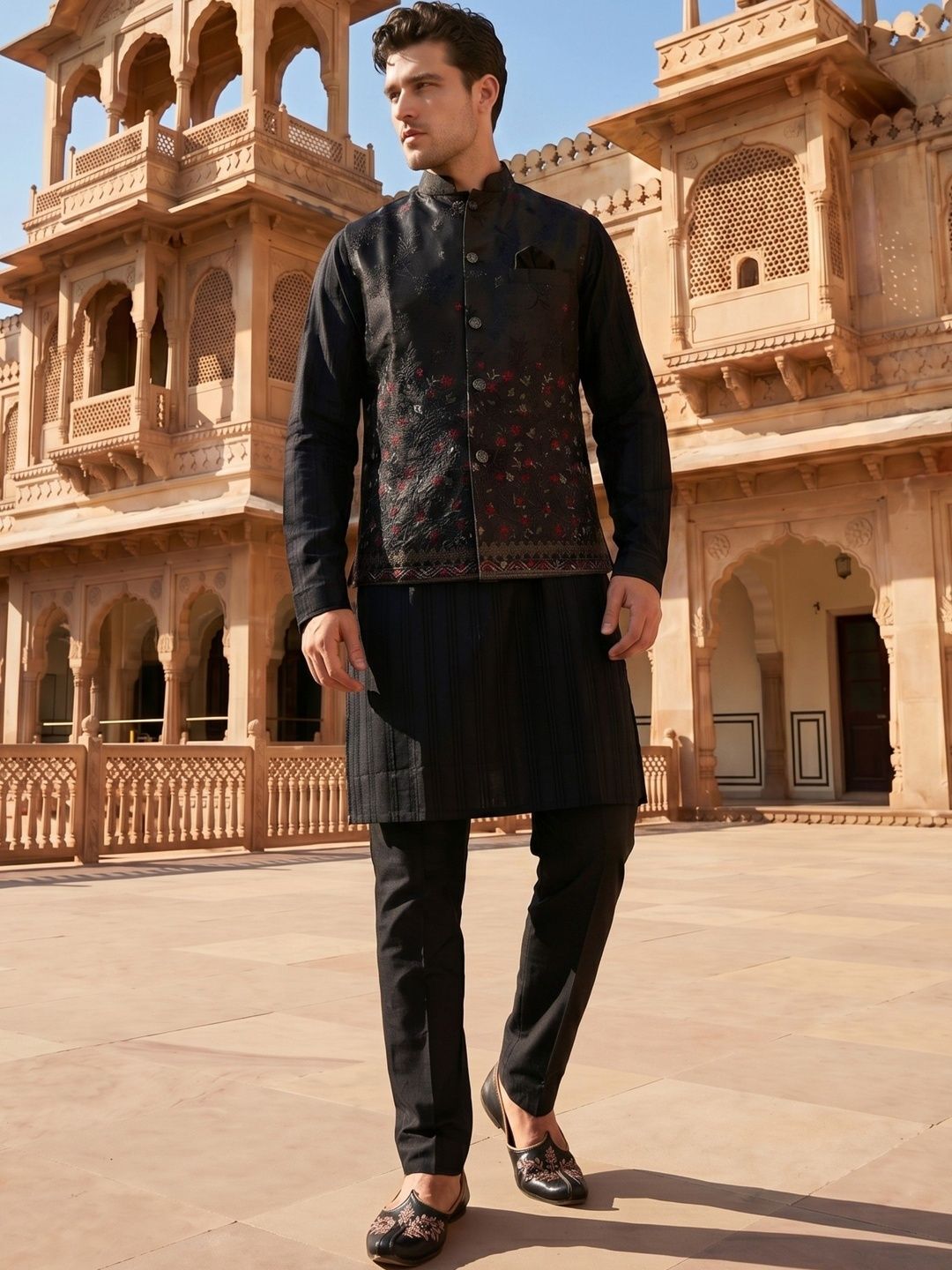 DRIP CHOWK Embroidered Woven Nehru Jacket-image-31