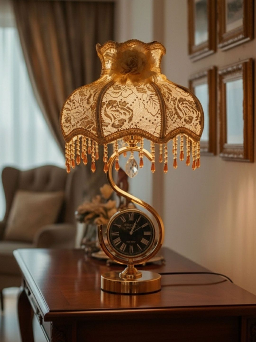 ELARE Gold-Toned Printed Metal Traditional Bell Shaped Table Lamp with Bulb-image-41