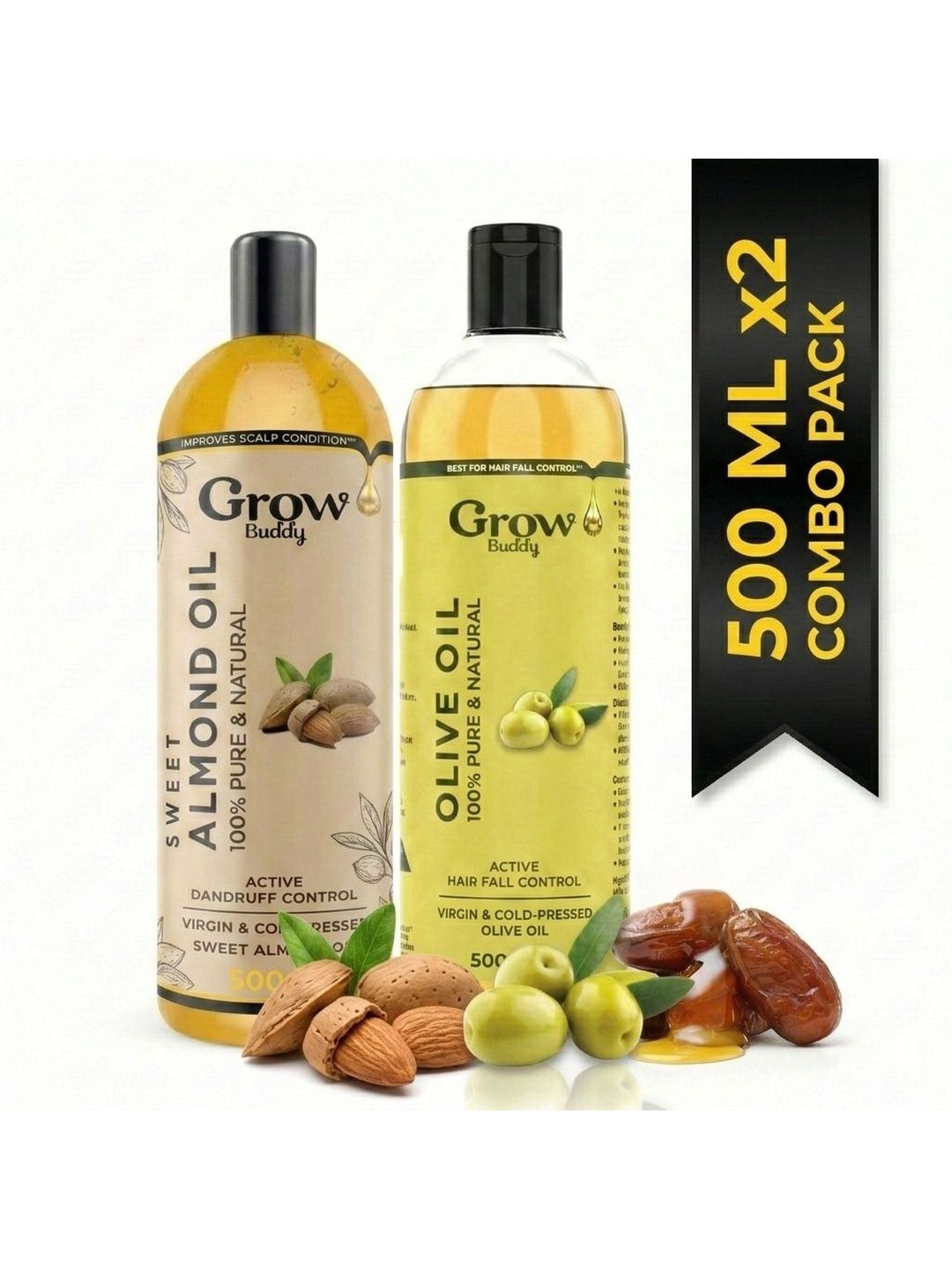 Growbuddy Set Of 2 Pure & Natural Almond & Olive Hair Oil - 500 ml Each-image-45