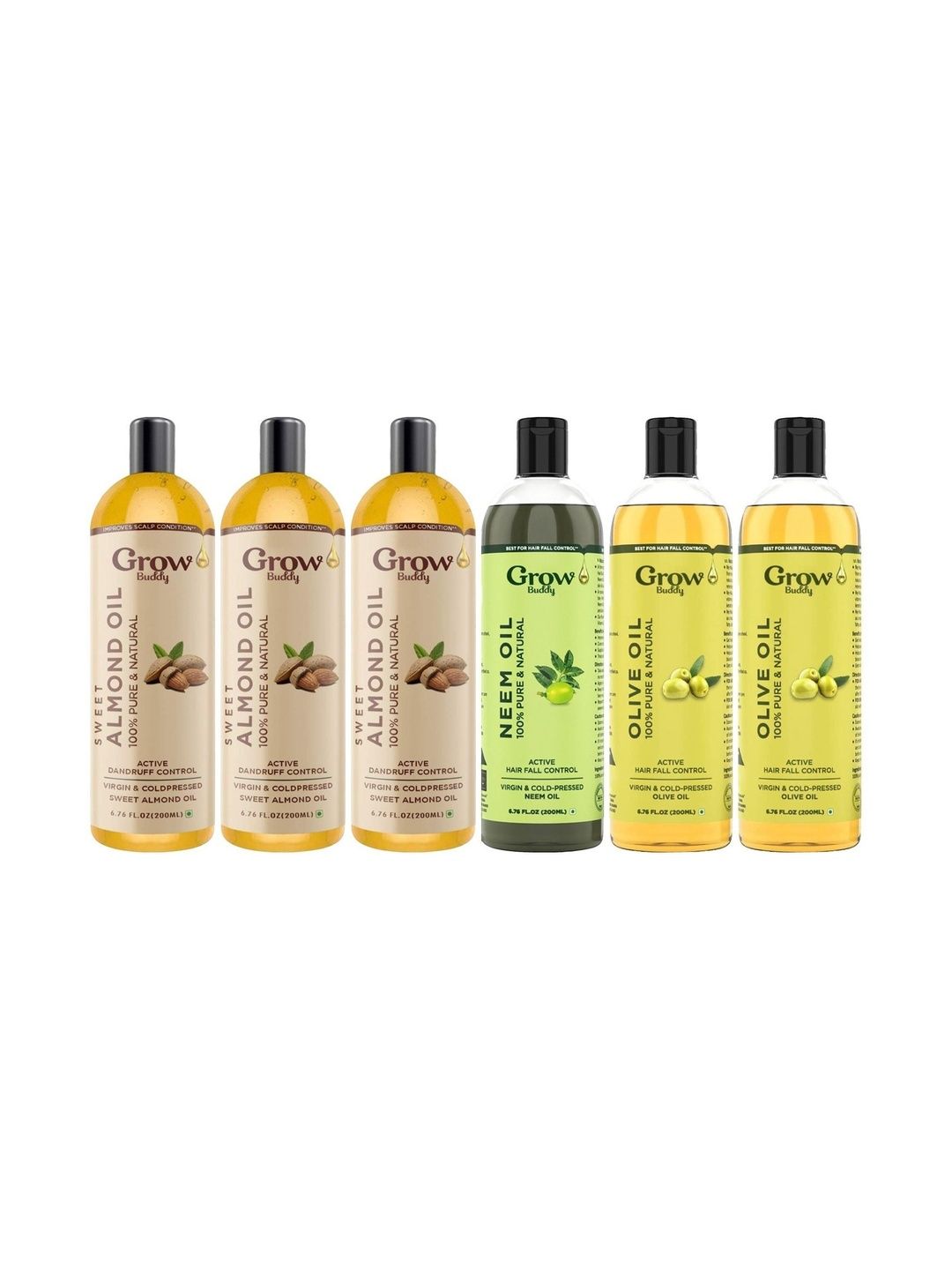 Growbuddy Set Of 6 Almond Oil, Neem Oil & Olive Oil - 200 ml Each-image-25