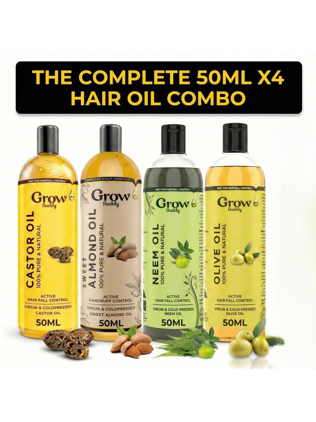 Growbuddy Set Of 4 Castor Oil Almond Oil, Neem Oil & Olive Oil - 50 ml Each-image-33