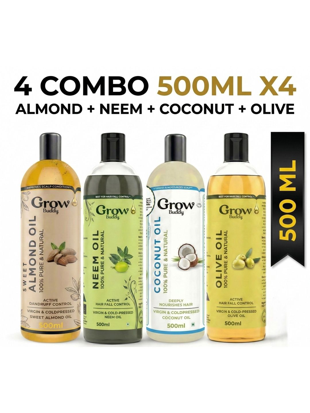 Growbuddy Set Of 4 Almond, Neem, Coconut, Olive Hair Oil - 500ml Each-image-6