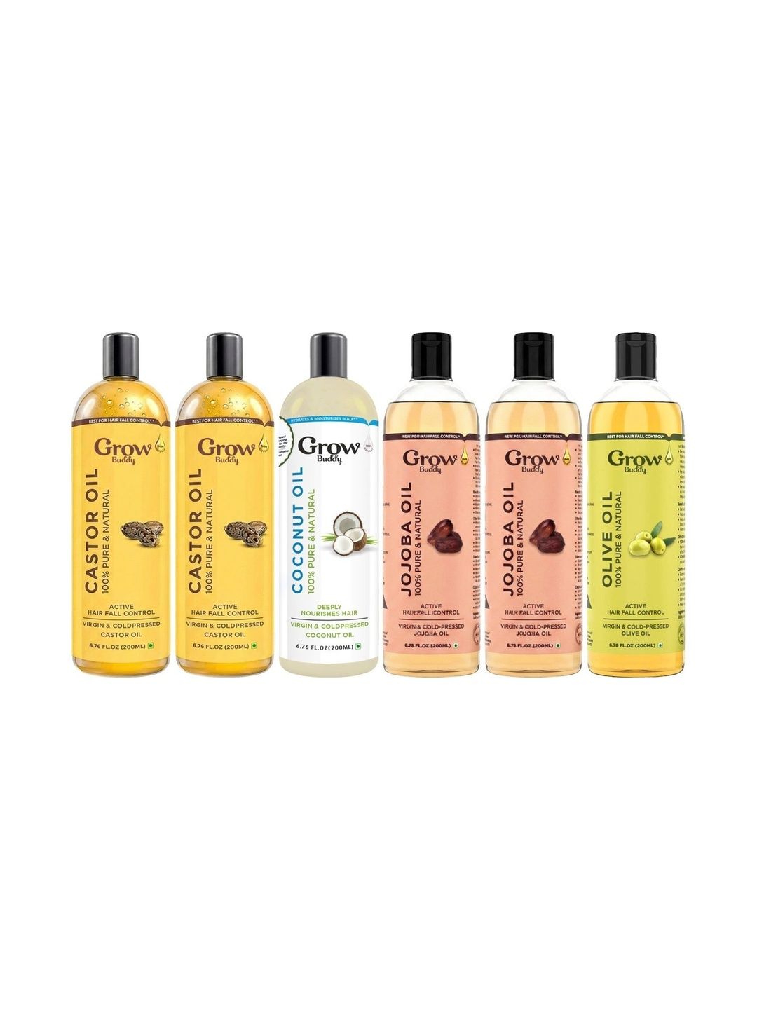 Growbuddy Set Of 6 Castor Coconut Jojoba & Olive Oil - 200 ml Each-image-34